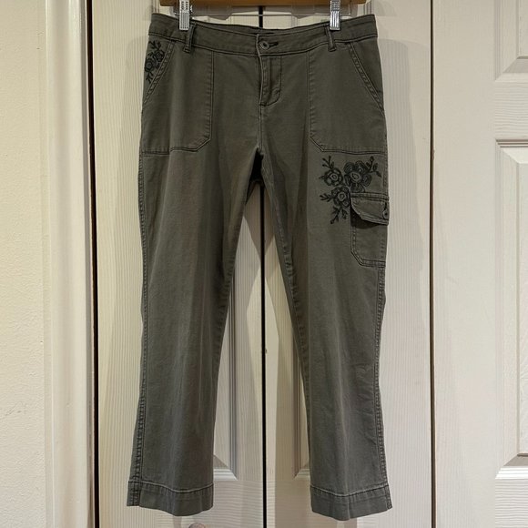 Vtg Y2K Lee Heritage Olive Green Floral Embroidered Cropped Cargo Utility Pants - Picture 2 of 15